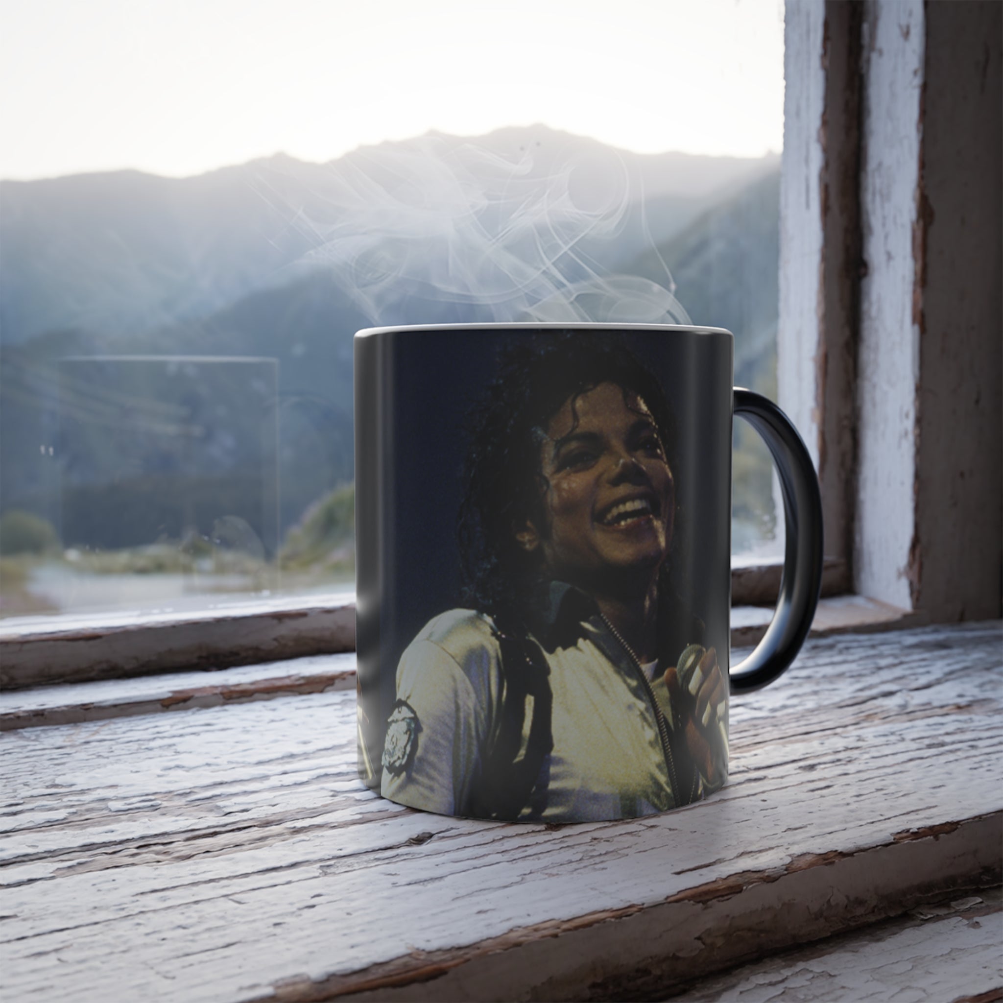 Color-Changing 11oz Photo Mug — Vintage Singer Stage Design