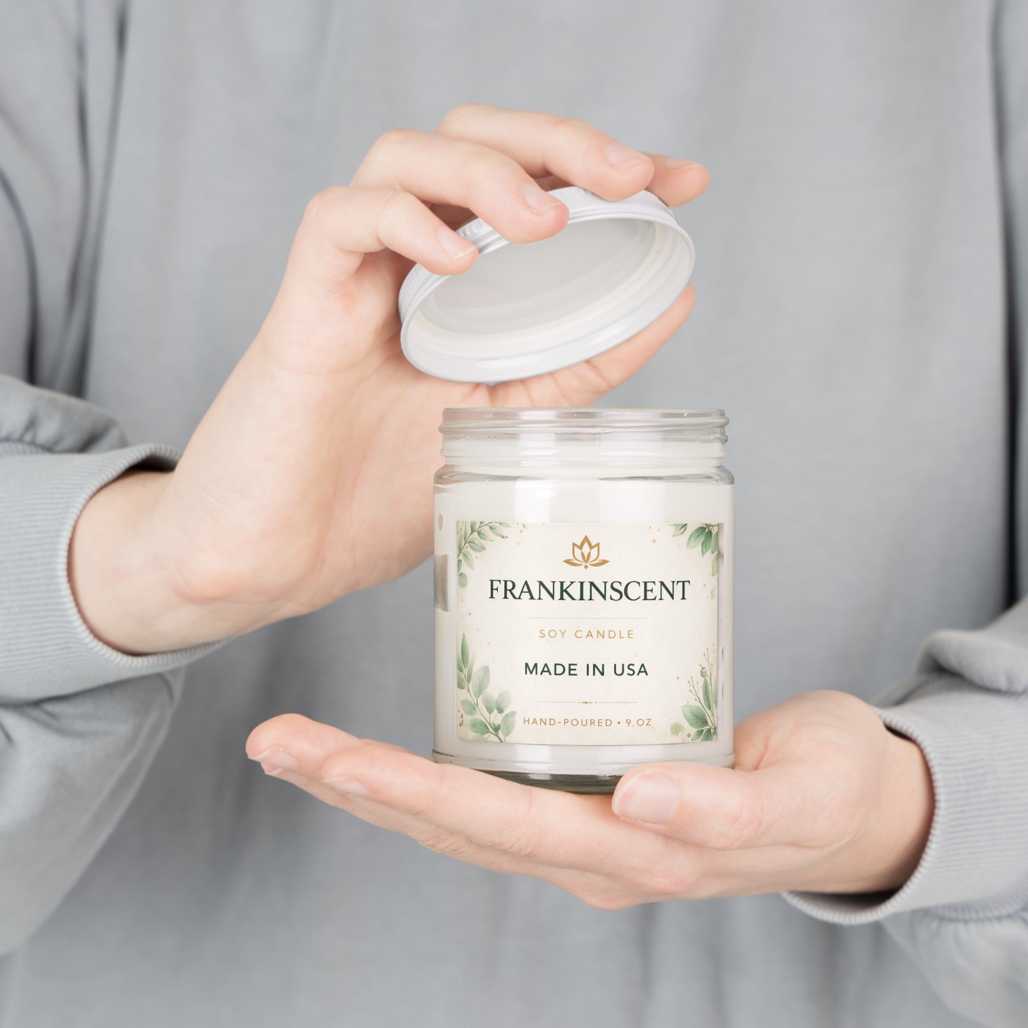 Frankinscent 9oz Soy Candle Jar — Hand-Poured Scented Candle (White Lid)
